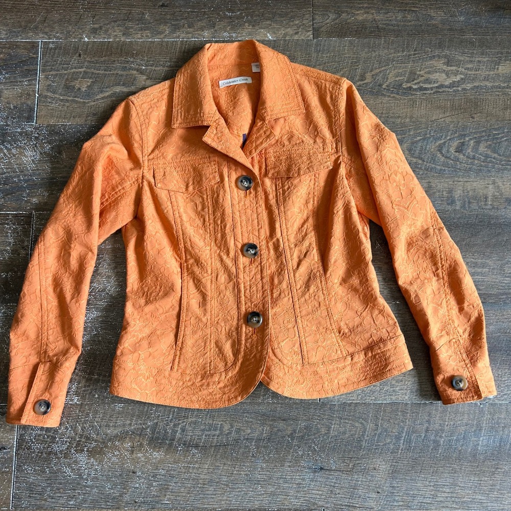 Coldwater Creek Orange Floral Embroidered Button Front Jacket Petite P4